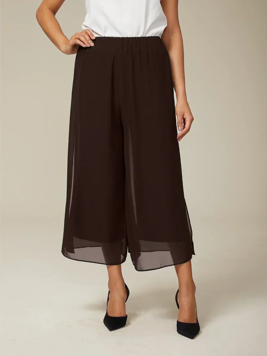 Cropped Length Straight Leg Pant With Chiffon Split Leg Overlay