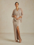 Metallic Pleated Chiffon Long Jacket with Layered Design