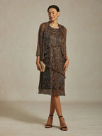 Metallic Pleated Chiffon Long Jacket with Layered Design