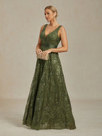 Floral Sequin Embroidered V-Neck Maxi Dress with Low Back