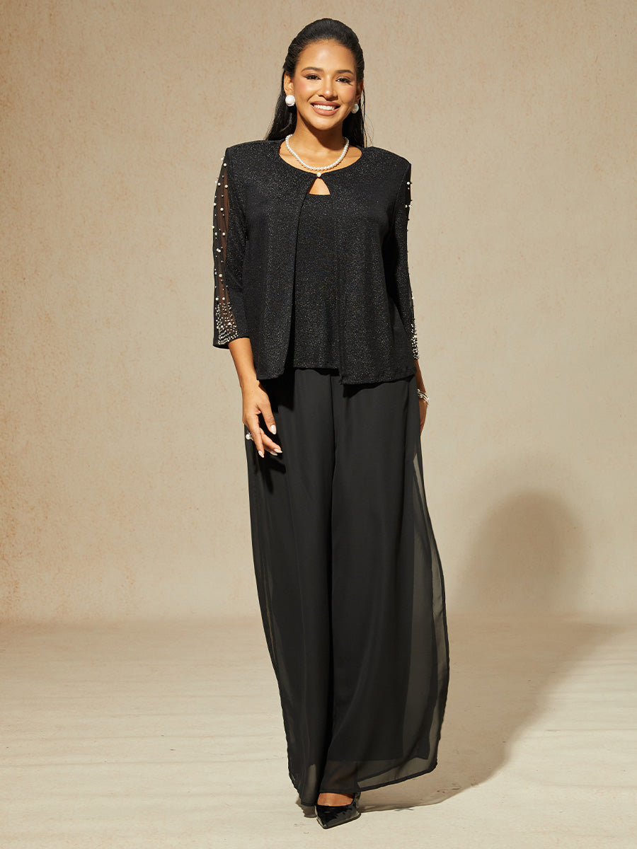 Beaded 3/4 Sleeve Metallic Knit Blouse
