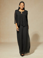 Beaded 3/4 Sleeve Metallic Knit Blouse