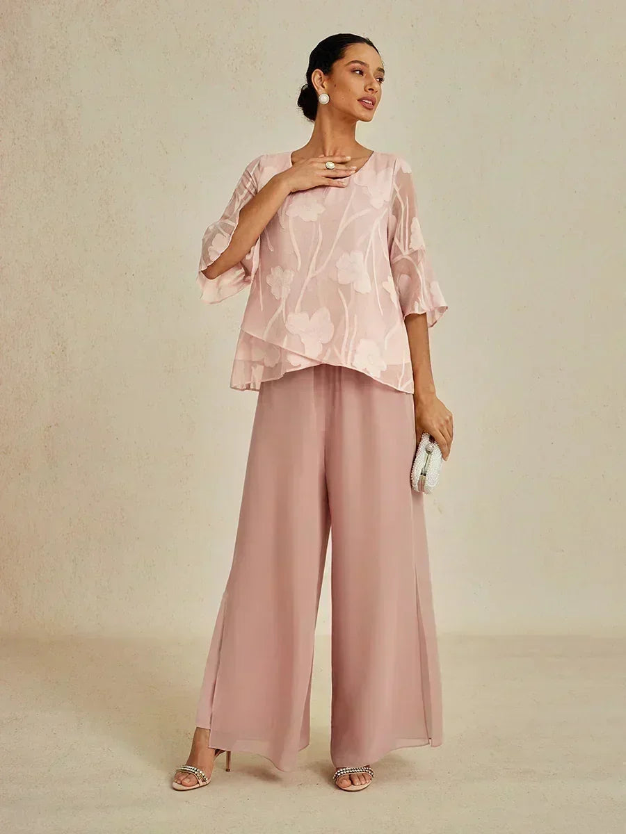 Lace Straight Leg Pant With Chiffon Split Leg Overlay