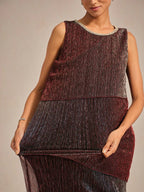 Metallic Pleated Chiffon Midi Dress with Beaded Round Neck