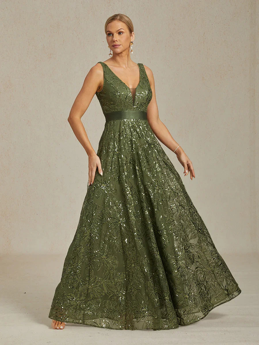 Floral Sequin Embroidered V-Neck Maxi Dress with Low Back