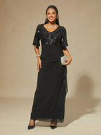 Embroidered Sequin Empire Waist Gown with Flutter Sleeves