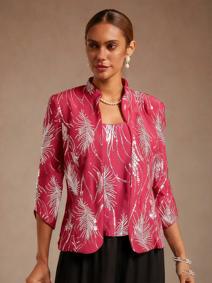 Elegant Mandarin Collar Sequin Twinset