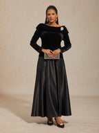 Long Sleeve Velvet Blouse with Ruched Collar