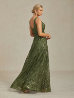 Floral Sequin Embroidered V-Neck Maxi Dress with Low Back