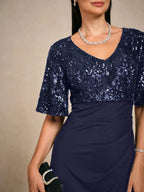 Embroidered Sequin Empire Waist Gown with Flutter Sleeves