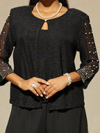 Beaded 3/4 Sleeve Metallic Knit Blouse