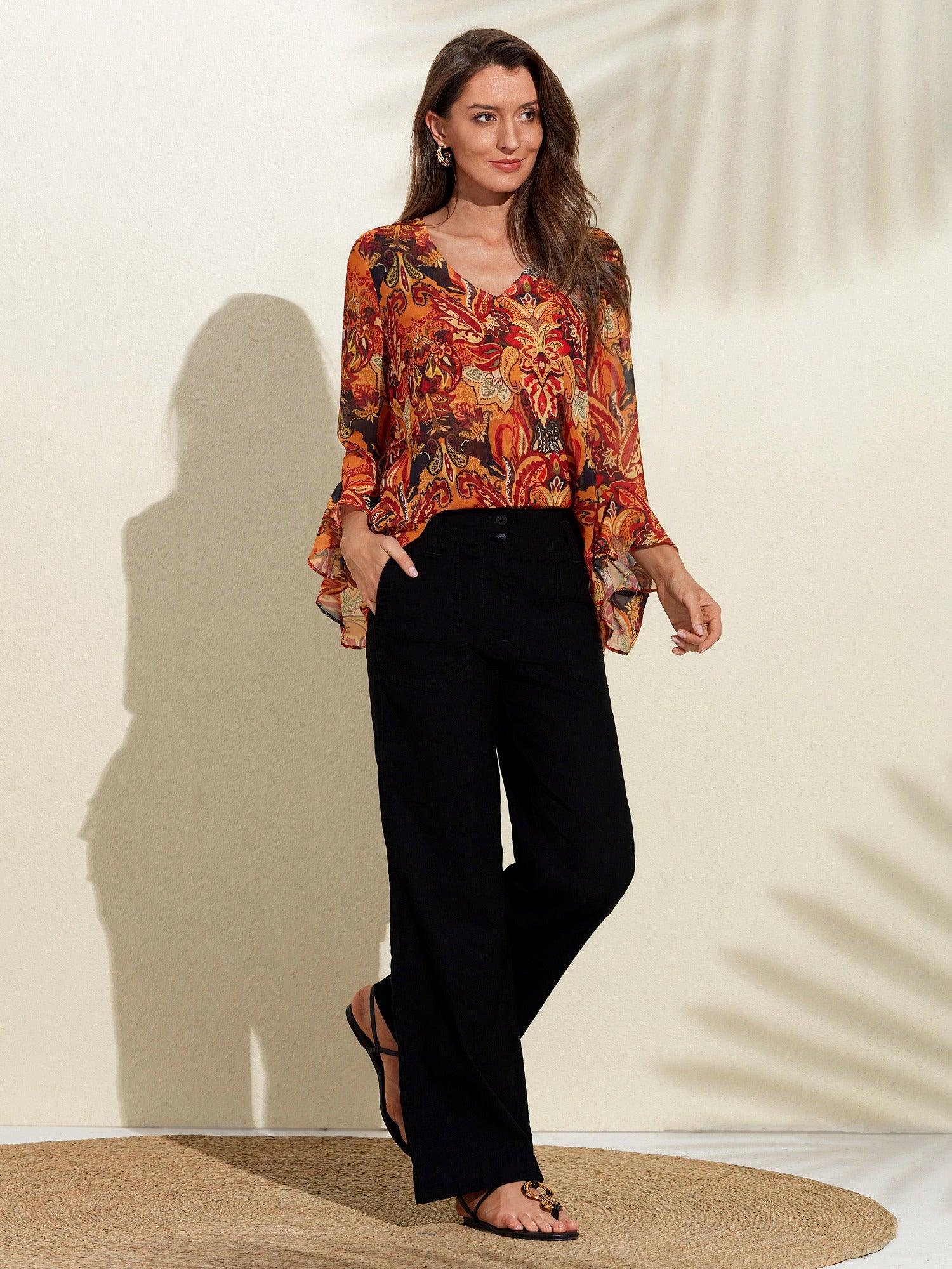 Chiffon Paisley Ruffle Sleeve Blouse