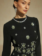 Black Maxi Evening Dress with Snowflake Crystal Embellishments