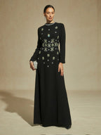 Black Maxi Evening Dress with Snowflake Crystal Embellishments