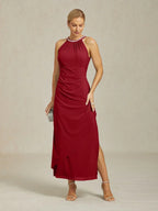 Elegant Beaded Halter Maxi Dress with Ruffle Detail