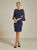 Embroidered Sequin Lace Cocktail Dress with Boat Neck and Flutter Sleeves