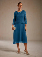 Elegant Lace and Chiffon Tea-Length Dress