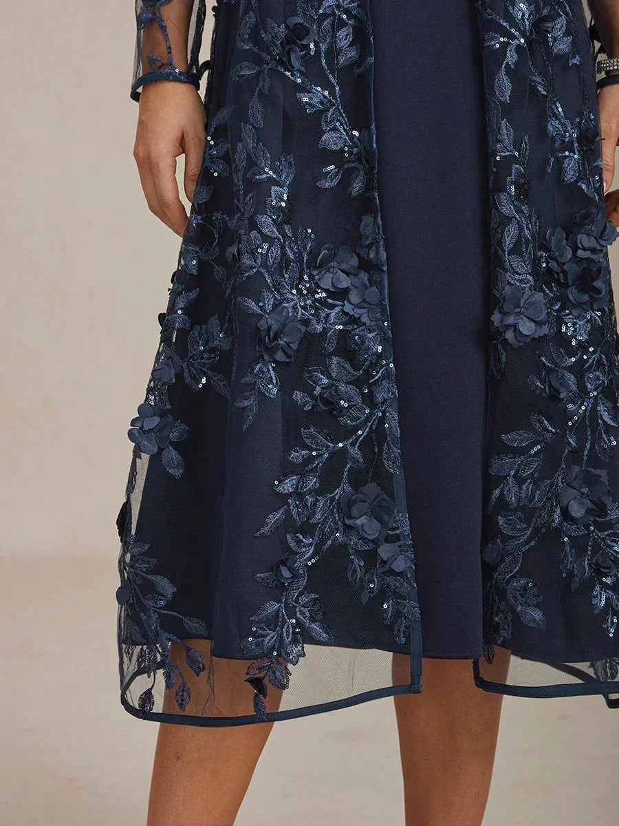 Graceful Long Lace Jacket Dress with 3D Floral Embellishments