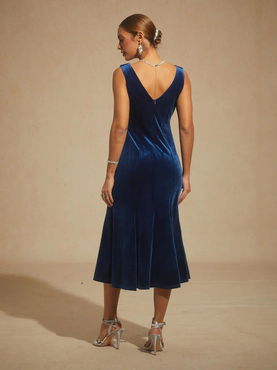 High-Stretch Velvet Sleeveless Midi Dress with Cowl Neck
