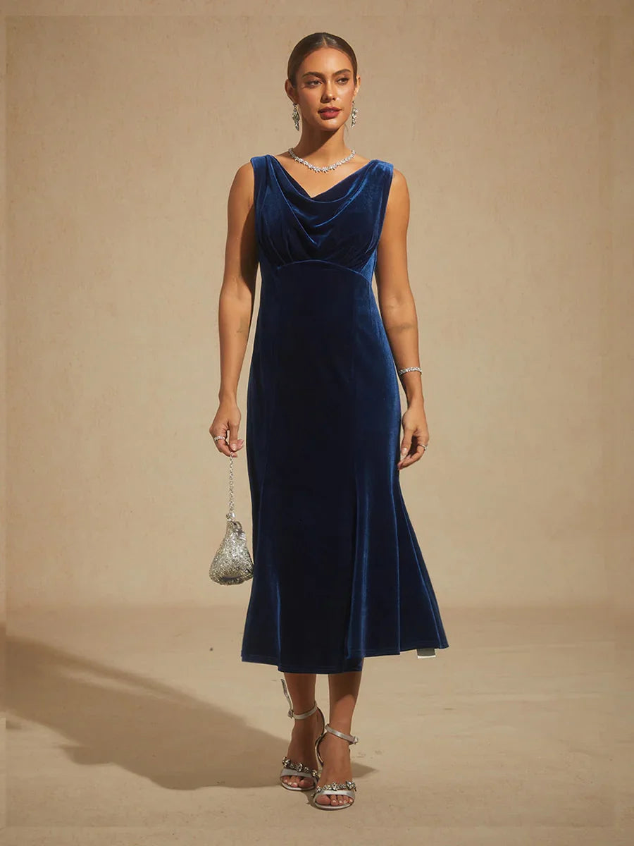 High-Stretch Velvet Sleeveless Midi Dress with Cowl Neck