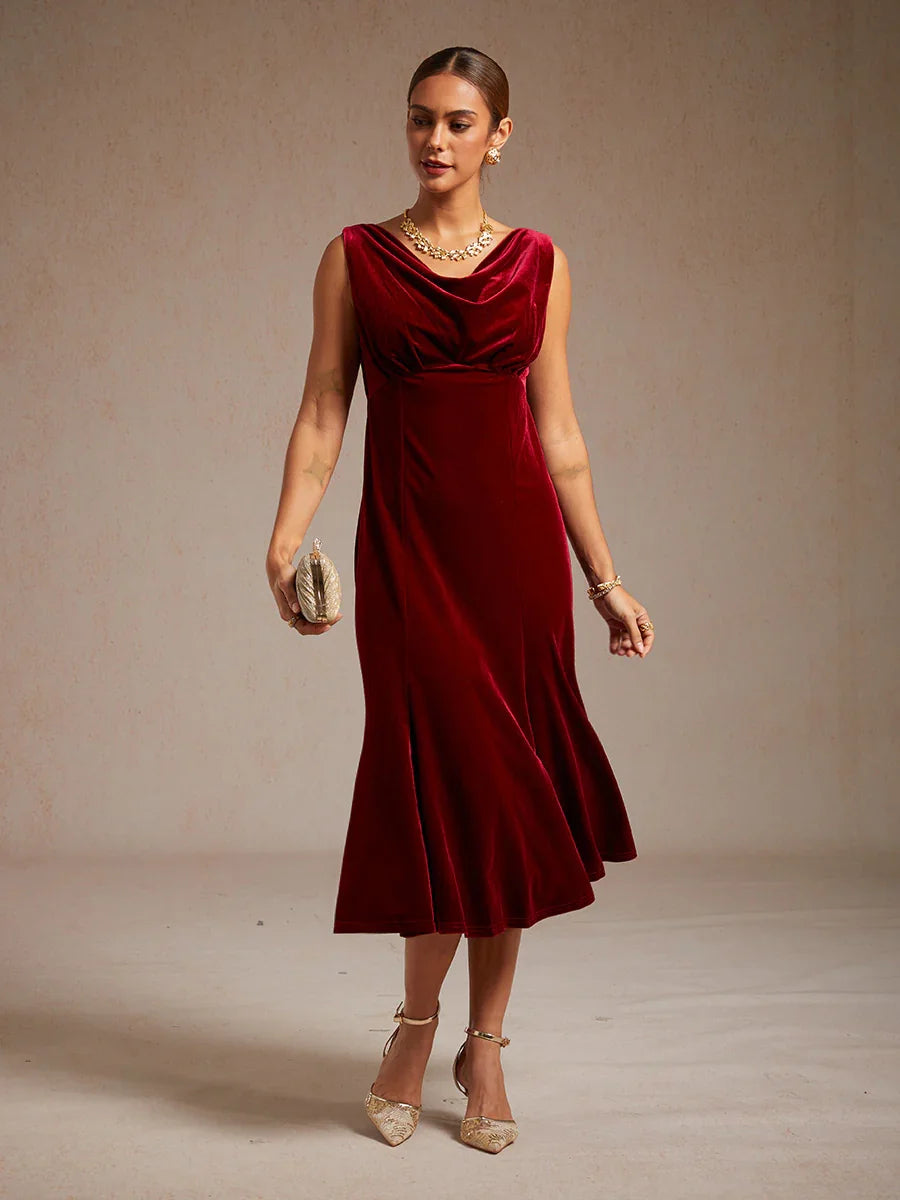 High-Stretch Velvet Sleeveless Midi Dress with Scoop Neck