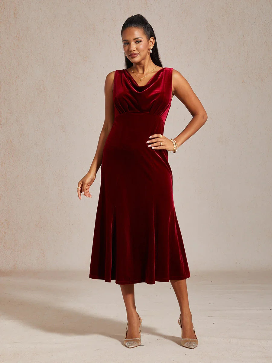 High-Stretch Velvet Sleeveless Midi Dress with Cowl Neck