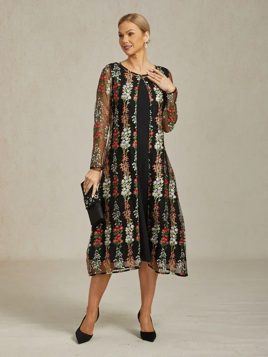 Long Floral Embroidered Lace Jacket Dress