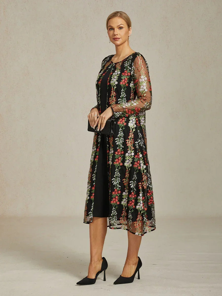 Long Floral Embroidered Lace Jacket Dress