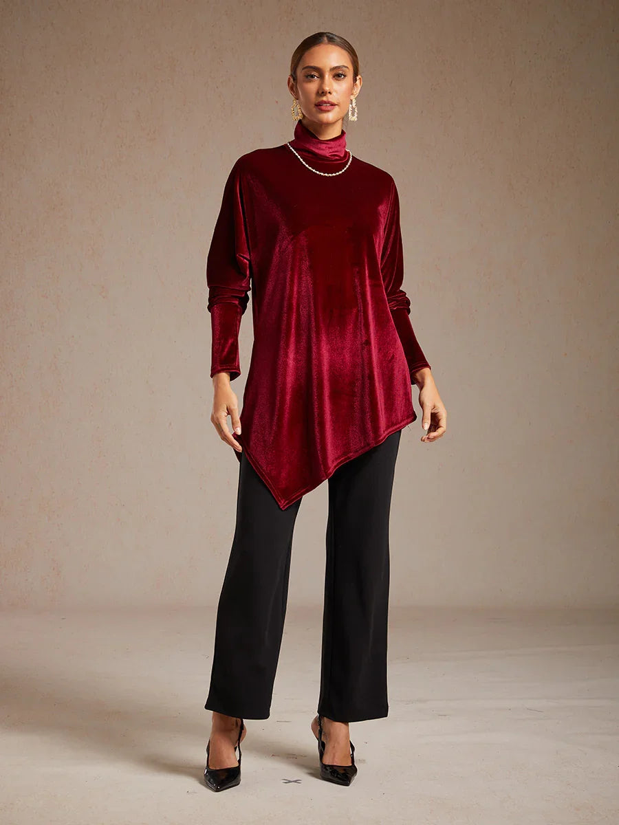 Velvet Tunic Blouse with Turtleneck and Asymmetric Hem