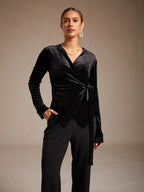 Velvet Wrap Blouse with V-Neckline
