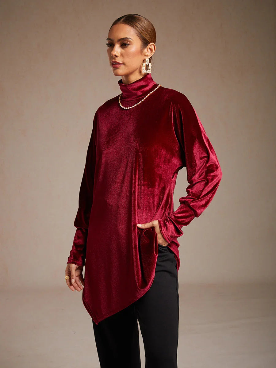 Velvet Tunic Blouse with Turtleneck and Asymmetric Hem
