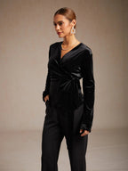 Velvet Wrap Blouse with V-Neckline