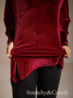 Velvet Tunic Blouse with Turtleneck and Asymmetric Hem