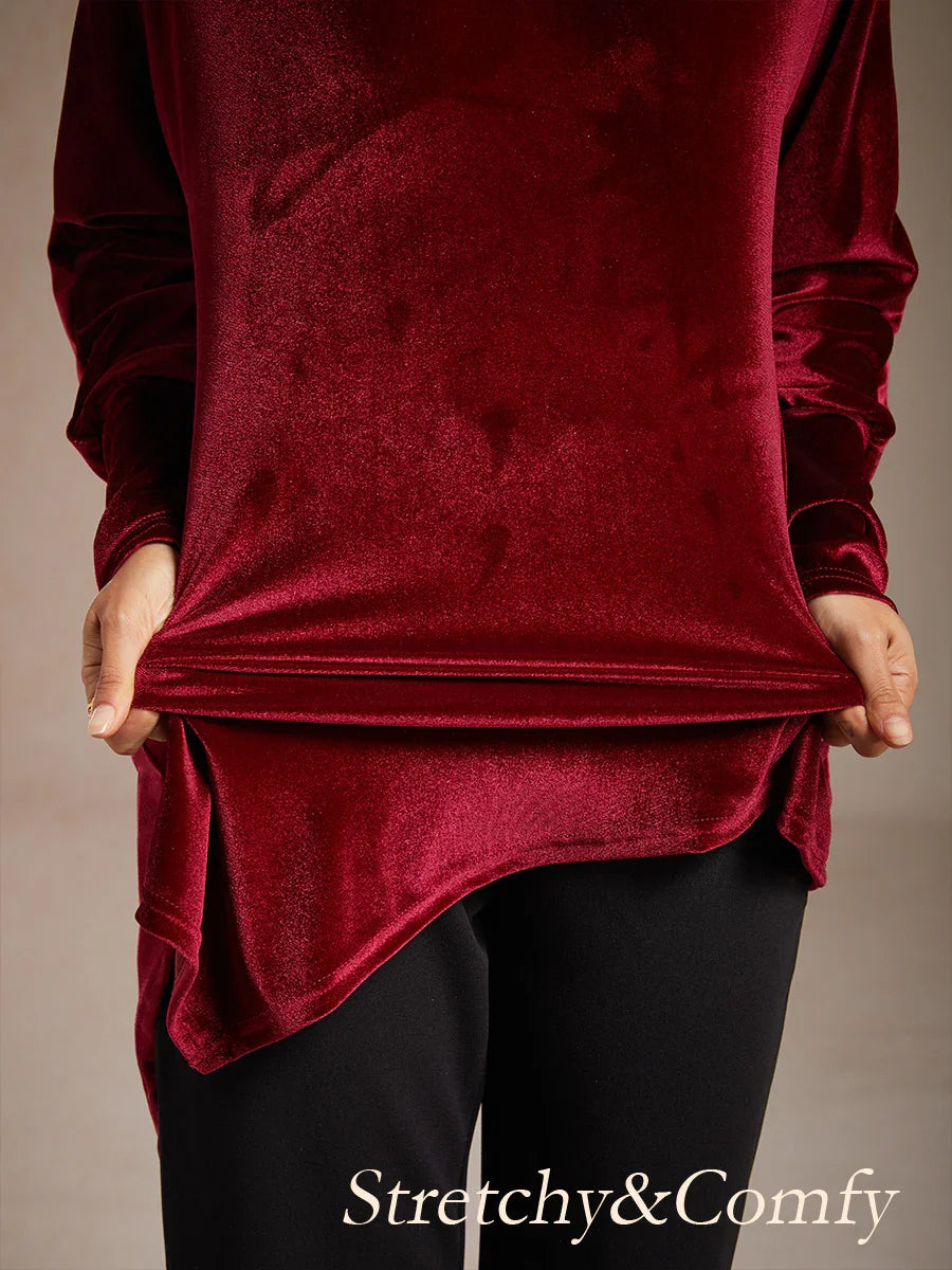 Velvet Tunic Blouse with Turtleneck and Asymmetric Hem
