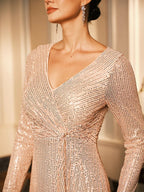 Sequin V Neck Evening Gown with Twist Design