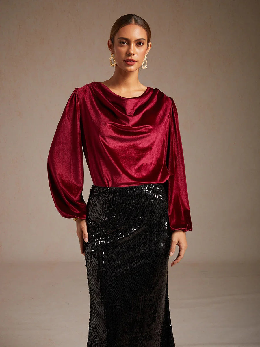 Elegant Stretch Velvet Blouse with Cowl Collar