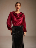 Elegant Stretch Velvet Blouse with Cowl Collar