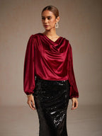 Elegant Stretch Velvet Blouse with Cowl Collar