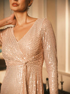 Sequin V Neck Evening Gown with Twist Design