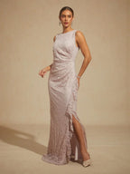 Lace Sequin Maxi Dress with Ruffle Detail