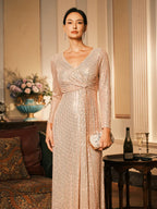 Sequin V Neck Evening Gown with Twist Design