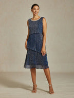 Metallic Pleated Chiffon Midi Dress with Beaded Round Neck