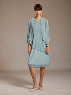 Metallic Pleated Chiffon Midi Dress with Beaded Round Neck