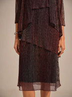 Metallic Pleated Chiffon Midi Dress with Beaded Round Neck