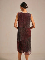 Metallic Pleated Chiffon Midi Dress with Beaded Round Neck