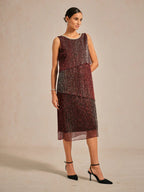 Metallic Pleated Chiffon Midi Dress with Beaded Round Neck