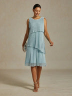 Metallic Pleated Chiffon Midi Dress with Beaded Round Neck
