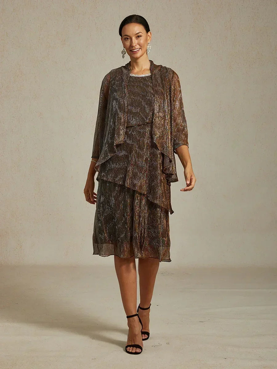 Metallic Pleated Chiffon Midi Dress with Beaded Round Neck