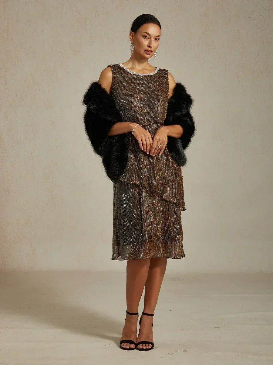 Metallic Pleated Chiffon Midi Dress with Beaded Round Neck