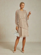 Metallic Pleated Chiffon Midi Dress with Beaded Round Neck